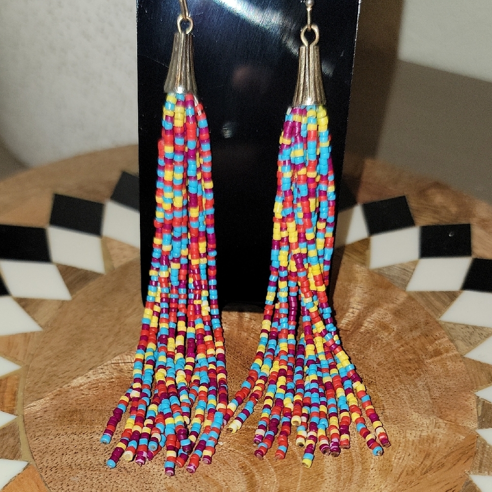 Vibrant Multicolor Beaded Tassel Earrings - Picture 4 of 4